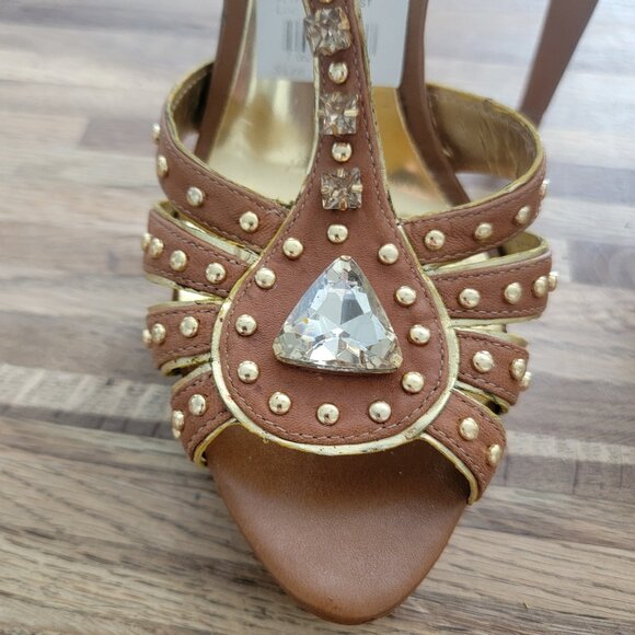 6" Fancy Studded & Embellished Extra High Heel Strappy Leather Stiletto Sandals - Picture 2 of 16